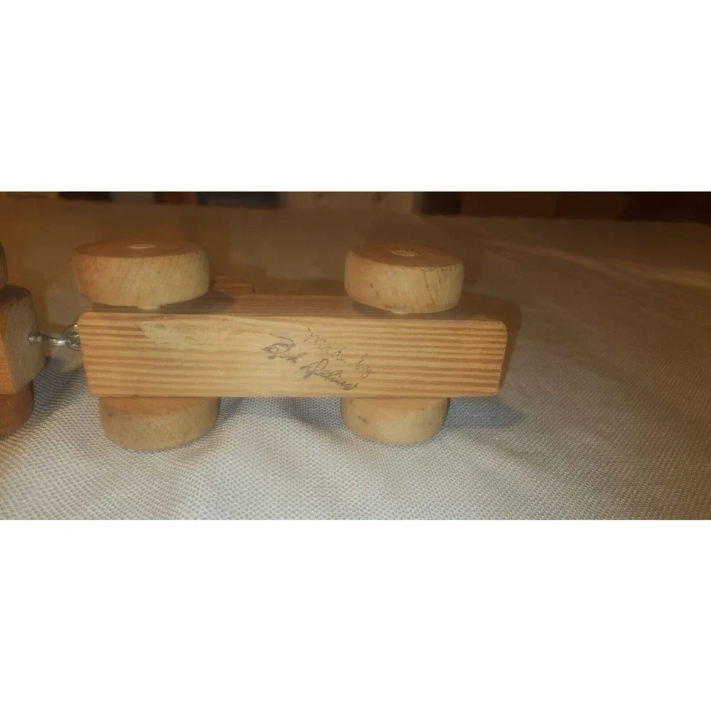 Vintage Handmade Wooden Train Locomotive and Car Signed